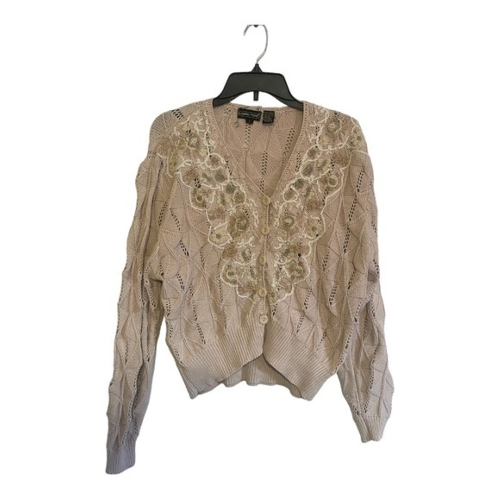Jeanne Pierre Womens Cardigan Embroidered Button up Light  Pink Size Large